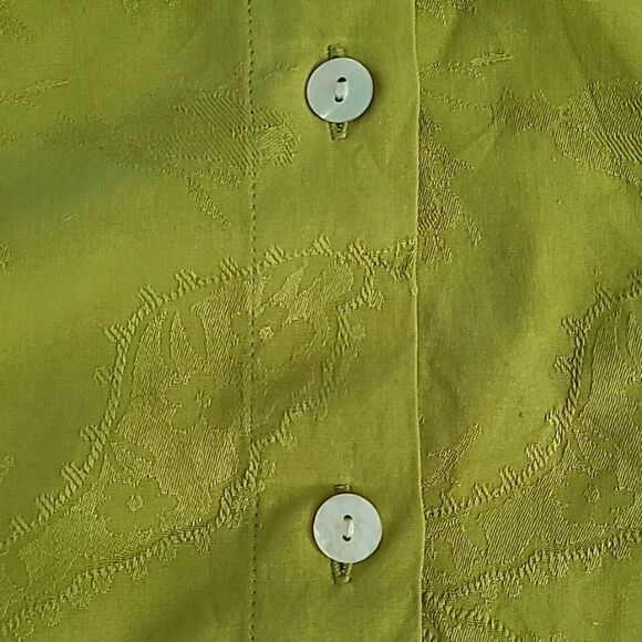 Chicos Design Women's Silk Collared Blouse Green Size 0 Roll Tab Sleeve Floral - Picture 11 of 12